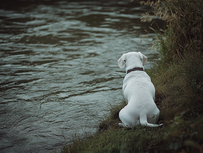 Белая такса у реки