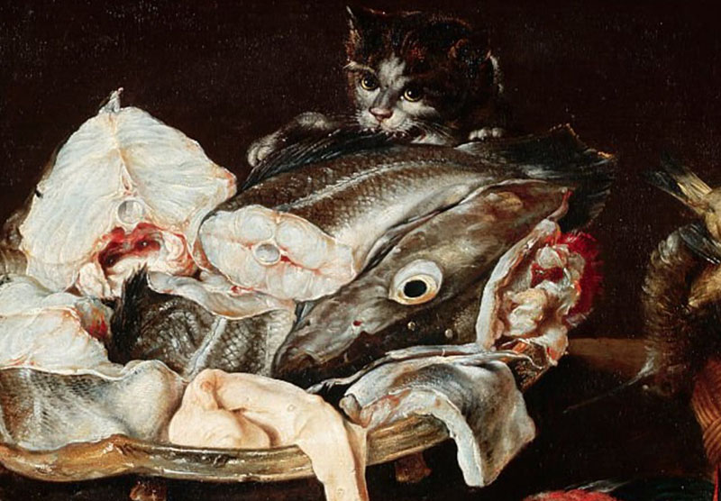 Александр Андриансен, “Натюрморт с рыбой, устрицами, птицей и котом”, 1631 г.