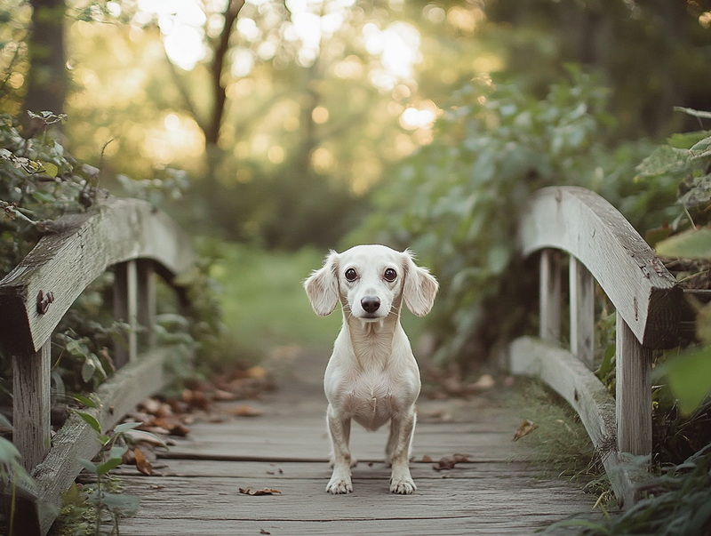 Белая такса на мосту